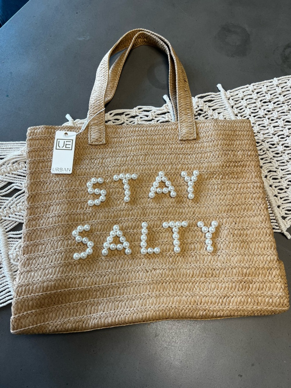 Urban Expressions Tan Straw Tote with Pearl "STAY SALTY" Embellishment